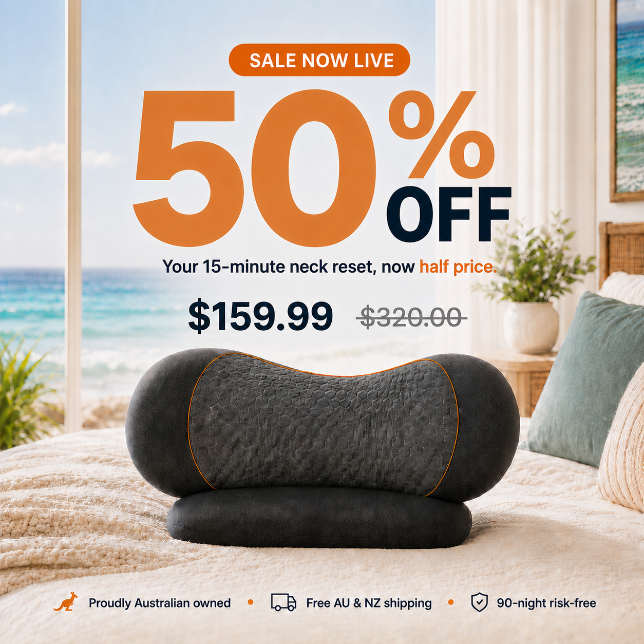 A dark gray contoured neck pillow with orange piping is displayed on a bed in a bedroom setting with a beach view window behind it. Prominent sale text overlays read 'SALE NOW LIVE 50% OFF' with pricing details '$159.