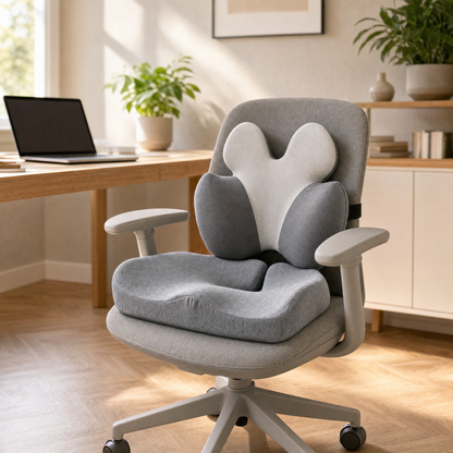 Office chair fitted with the VESU orthopedic seat cushion and lumbar cushion