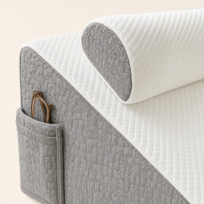 Detail of the detachable bolster and side pockets on the anti-snoring wedge pillow