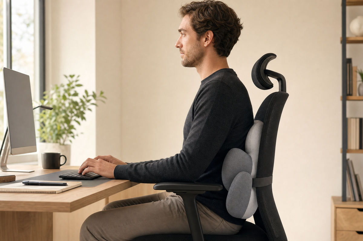The VESU Orthopedic Lumbar Cushion strapped at belt height on an office chair
