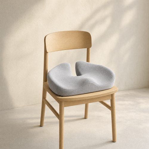 VESU Orthopedic Seat Cushion on a pale oak chair in soft directional light